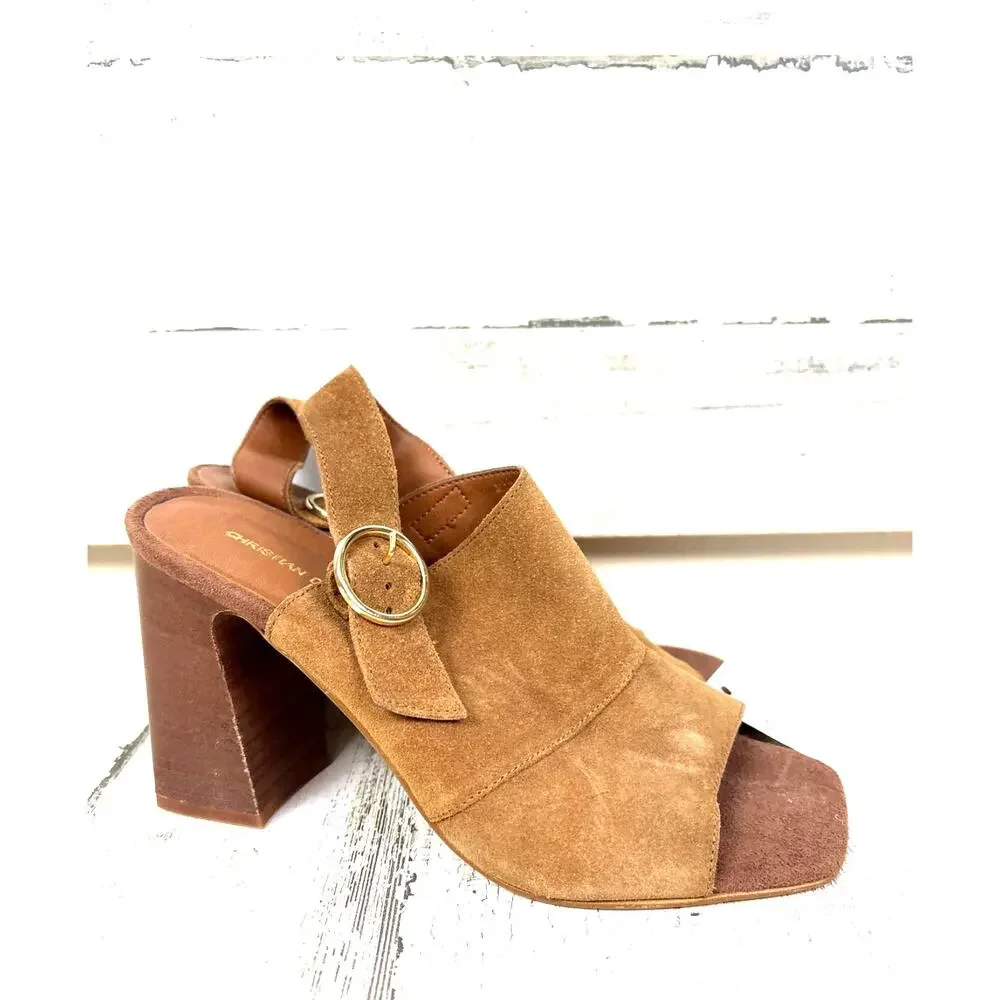 Christian Di Riccio Womens 7.5 Brown Suede Open-Toe Buckle Heeled Sandal NEW